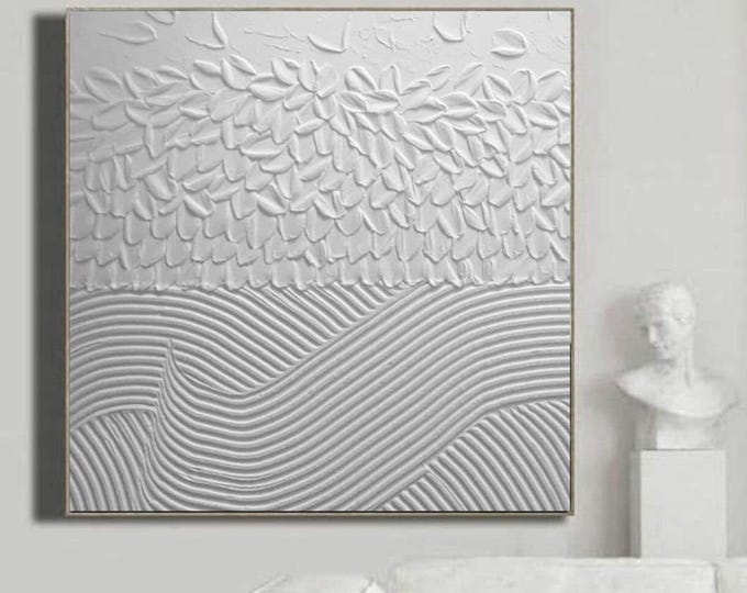 Large White Textured Abstract Wall Art, Minimalist 3D Painting, Modern Neutral Canvas, Contemporary Interior Decor