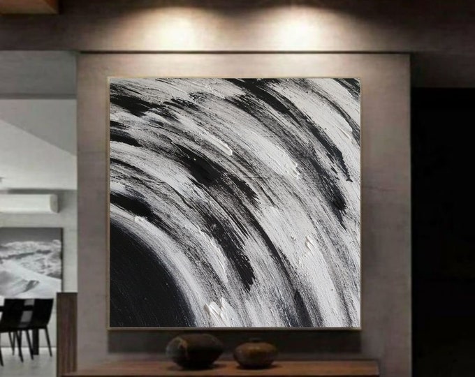 Large Black & White Abstract Painting: Modern Yin Yang Canvas Art