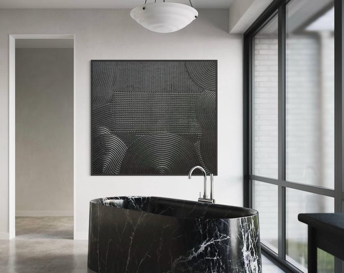 Large Black Textured Abstract Painting , Modern Black Metallic Wall Art , Minimalist 3D Plaster Art, Contemporary Statement Artwork
