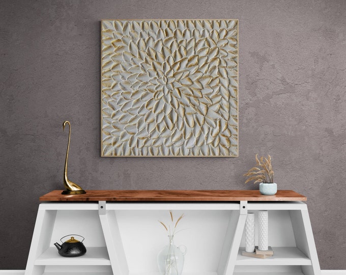 Oversized White Gold Plaster Painting: 3D Texture Abstract Canvas Art