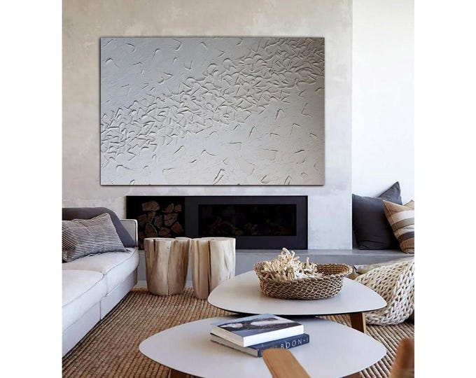 Large White Textured Wall Art Monochrome Abstract Painting 3D Plaster Modern Canvas Home Decor
