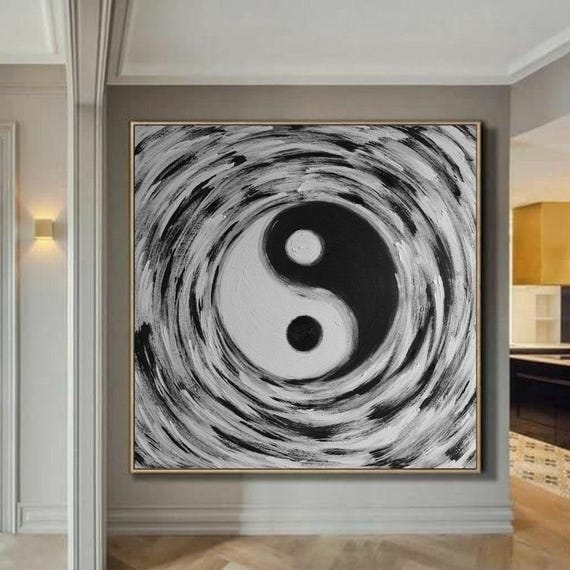 オリジナル陰陽キャンバス絵画：大きな白黒壁アート - Etsy 日本