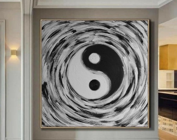 Original Yin Yang Canvas Painting: Large Black & White Wall Art