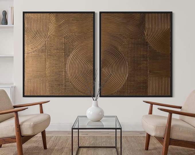 Oversized Textured Wall Art Set of 2 Bronze Plaster Paintings 3D Abstract Geometric Canvas Home Decor