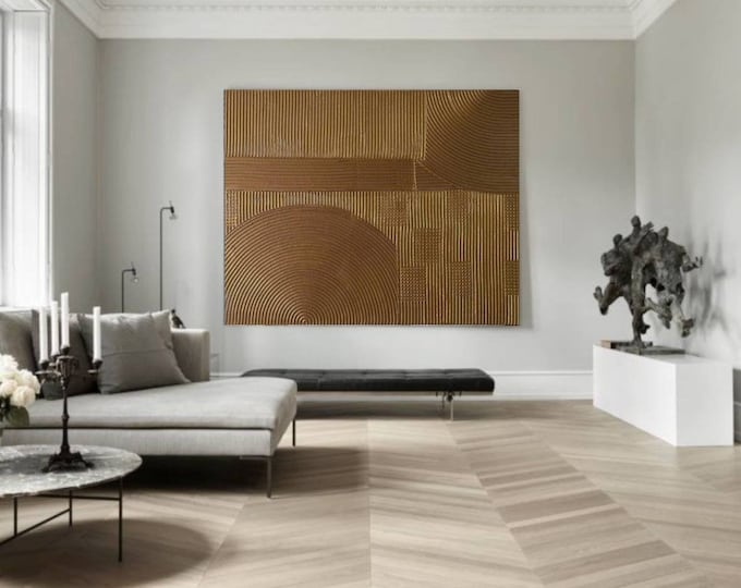 Extra Large Textured Wall Art Bronze Abstract Painting 3D Plaster Handmade Canvas Geometric Artwork