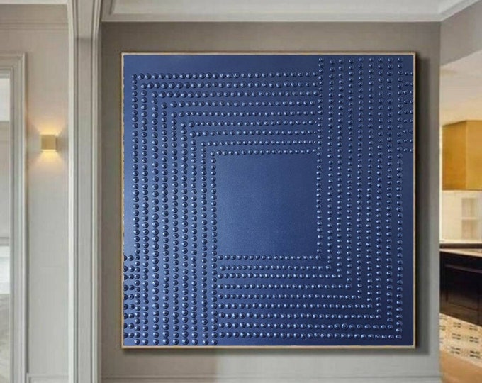 Large Handmade Blue Metallic Textured Abstract Wall Art 3D Dot Plaster Painting