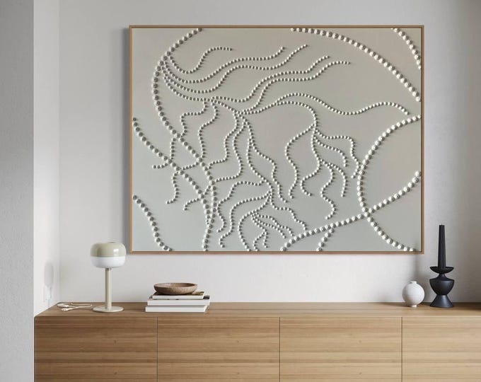Oversized White Textured Wall Art Abstract Painting: 3D dot Plaster Modern Handmade Canvas Home Decor