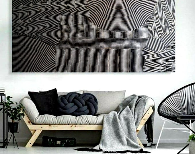 Oversized 3D Textured Abstract Painting: Black Bronze Lines, Modern Wall Art