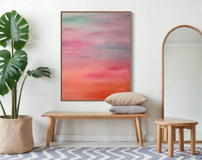 Oversized Abstract Sunset Seascape Painting: Modern Minimalist Canvas Art