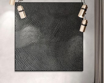 Large Textured Handmade Wall Art Abstract Painting Silver & Patina 3D Dots Plaster Canvas Home Decor