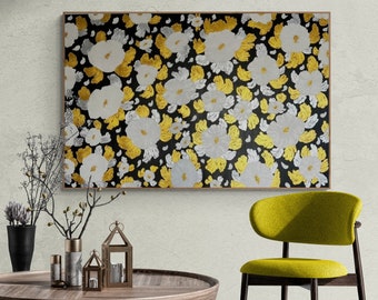 Large Floral Painting: White, Gold & Silver Leaves, Abstract Texture Art