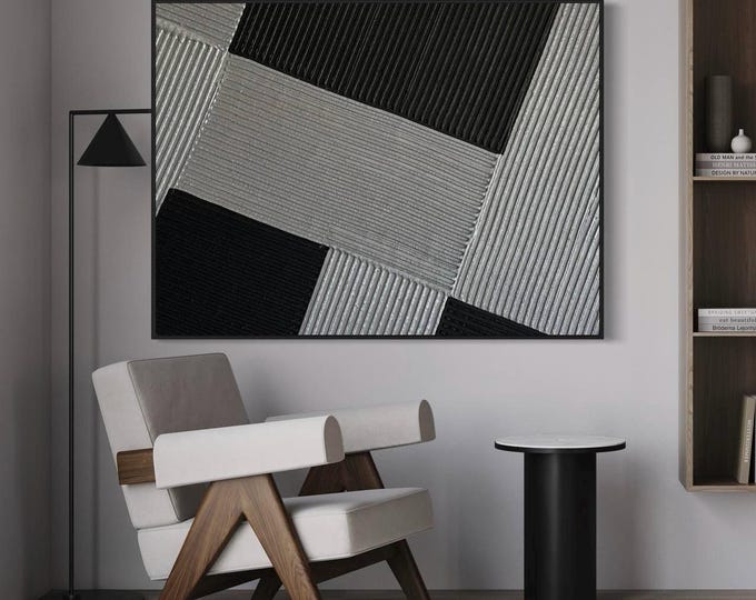 Large Textured Wall Art Black Silver Abstract Painting 3D Plaster Handmade Canvas Hame Decor