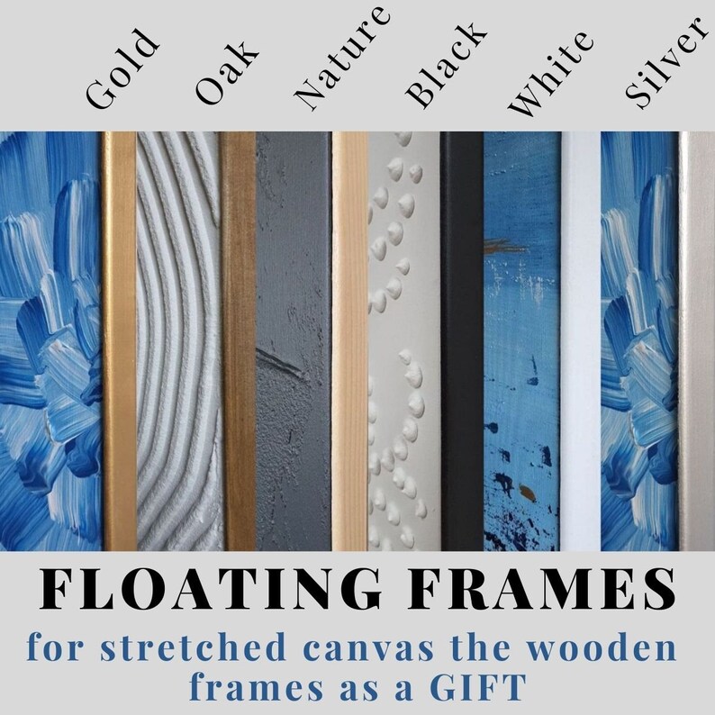 May include: Six different wood floating frames for stretched canvas in gold, oak, nature, black, white, and silver.
