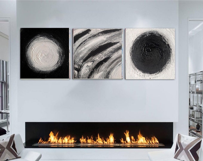 Oversize Black and White Abstract Painting Set: Modern Circle Canvas Art