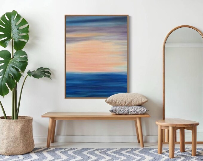 Oversized Abstract Seascape Painting: Colorful Sunset Ocean Canvas Art