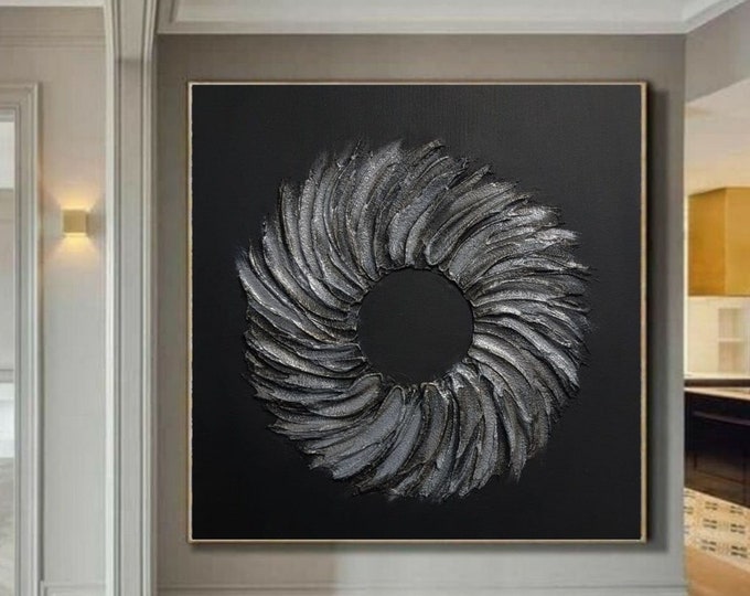 Silver Texture Wreath Painting: Large Modern Canvas Wall Decor