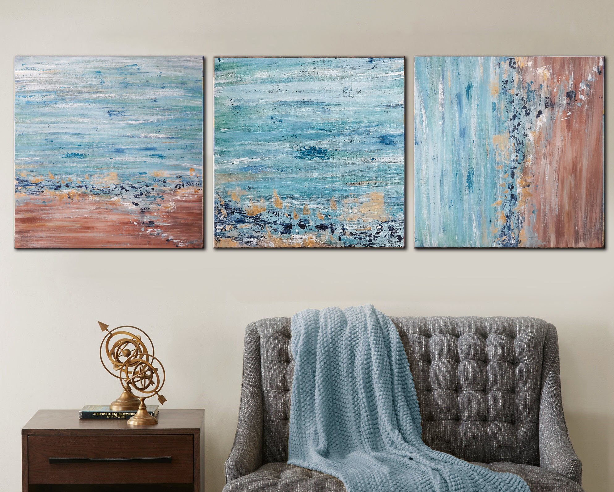 Large Painting Oversize Set of 3 Blue Brown Abstract Wall Art Etsy