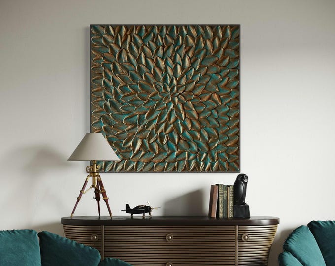 Oversized Textured Floral Wall Art Turquoise & Bronze 3d Plaster Painting, Original Handmade Canvas