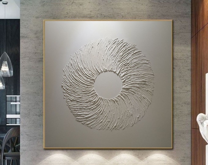 Large White Textured Wall Art Plaster Wreath 3d Painting Modern Handmade Canvas Hallway Home Decor