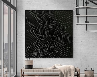 Large Textured Black Wall Art Abstract 3d Painting Plaster Handmade Canvas