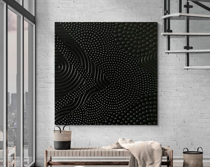 Large Textured Black Wall Art Abstract 3d Painting Plaster Handmade Canvas