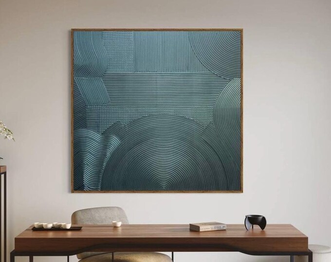 Large Emerald Textured Abstract Wall Art, Modern Green Metallic Painting, Minimalist 3D Plaster Canvas, Contemporary Statement Artwork