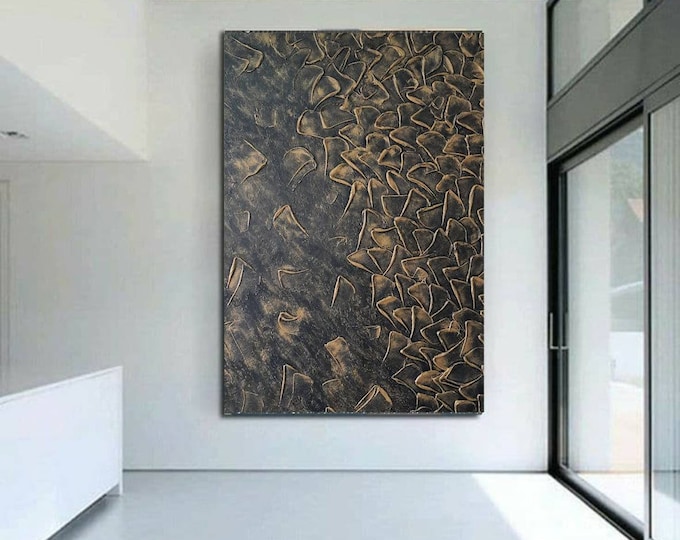 Oversized Textured Wall Art Black Bronze 3d Plaster Painting Abstract Handmade Canvas