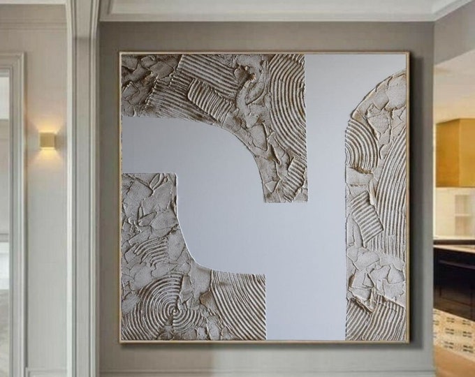 Oversized Textured Wall Art White Bronze Abstract 3d Plaster Painting Canvas Wall Decor