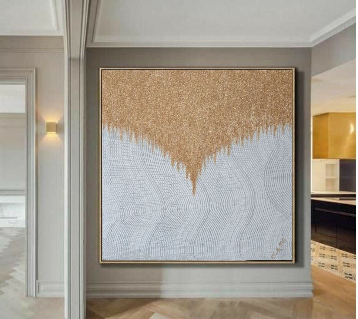 Large Shine Painting Gold Glitter Wall Art Living Room Extra Etsy