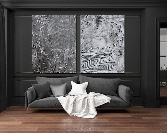 Set di 2 tele moderne in bianco e nero di grandi dimensioni, pittura  astratta da parete, soggiorno, pittura originale, corridoio, ufficio di  arte contemporanea -  Italia