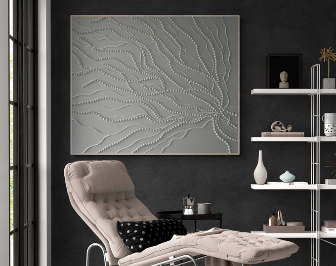 Oversized White Textured Wall Art 3d dot Painting: Abstract Branch Plaster Handmade Canvas Home Decor