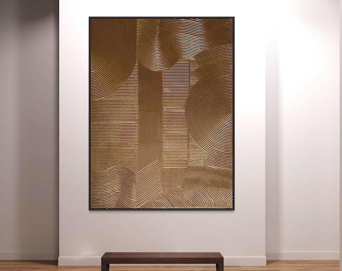 Large Textured Wall Art Bronze Abstract Painting 3D Plaster Handmade Canvas