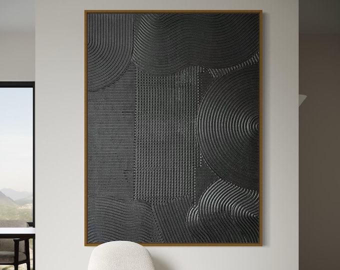 Extra Large 3D Textured Abstract Painting: Black Pearl Metallic Plaster Wall Art