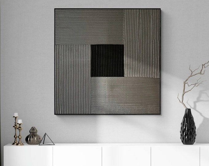 Large Black Silver Textured Wall Art Oversized Plaster 3d Painting Modern Abstract Handmade Canvas Home Decor