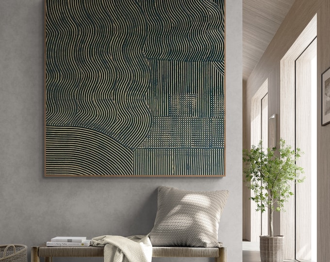 Large Textured Wall Art Black Bronze Abstract Painting, Modern 3D Plaster Canvas, Minimalist Home Decor