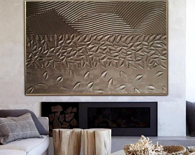 Large Bronze Abstract Painting Textured Wall Art Plaster Modern Handmade Canvas