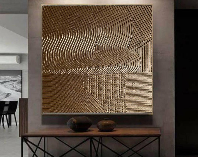 Large Gold Bronze 3D Texture Abstract Painting: Oversized Modern Wall Art