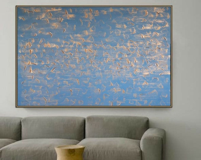 Large Abstract Canvas Painting: Blue, Grey & Gold Texture - Modern Wall Art