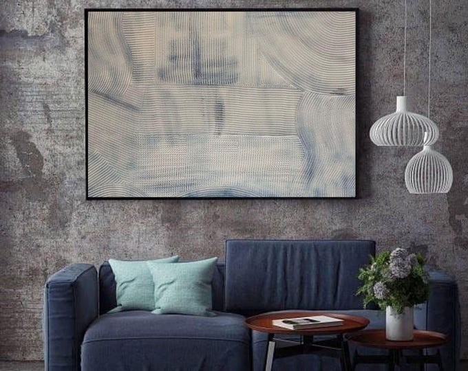 Large Textured Wall Art Abstract Painting: White and Blue 3D Plaster Canvas Handmade Artwork