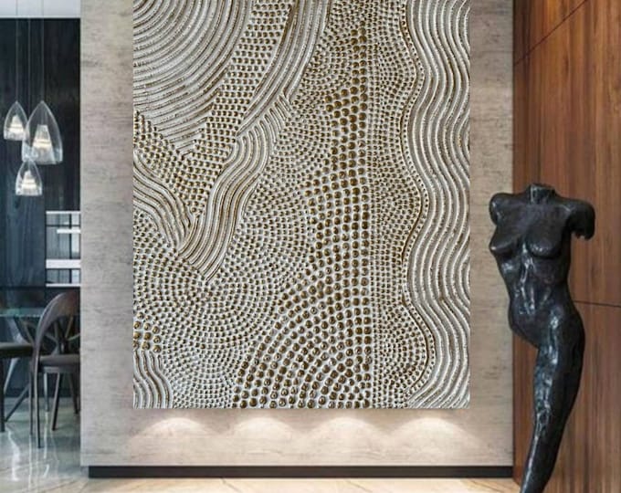 Extra Large Textured Abstract Wall Art White Bronze 3D Dot Plaster Painting Handmade Canvas