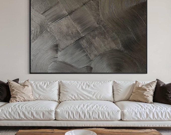 Extra Large Textured Silver Wall Art: Oversized 3D Plaster Abstract Painting on Canvas