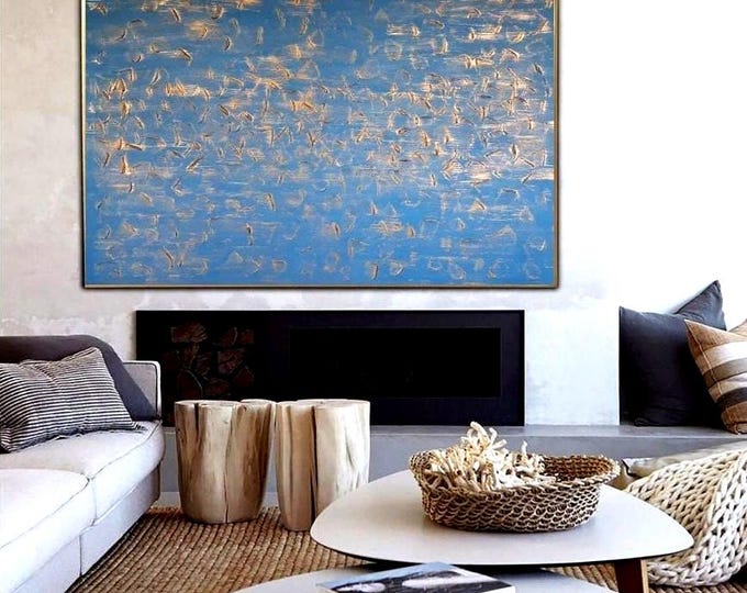 Large Blue and Gold Textured Wall Art: 3D Plaster Painting Handmade Canvas