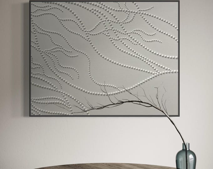 Oversize White Abstract Painting: 3D Dots Texture, Modern Wall Art