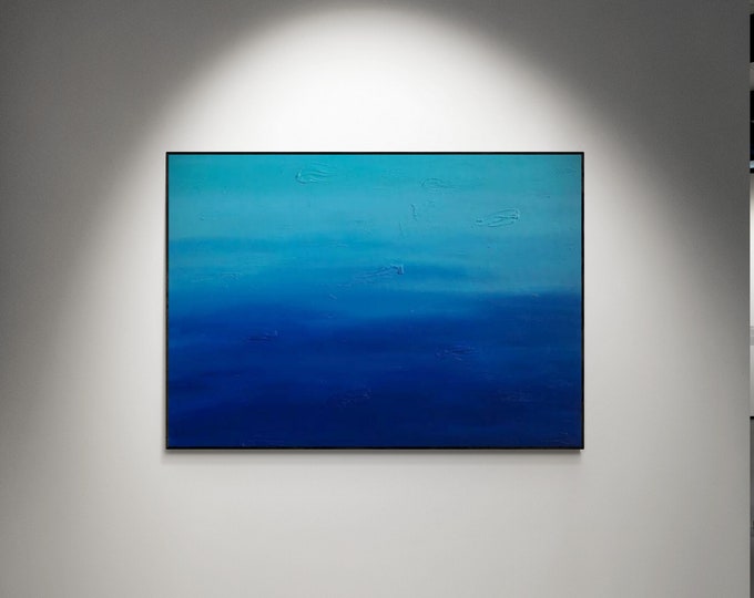 Large Blue Abstract Seascape Painting: Modern Monochrome Canvas Art