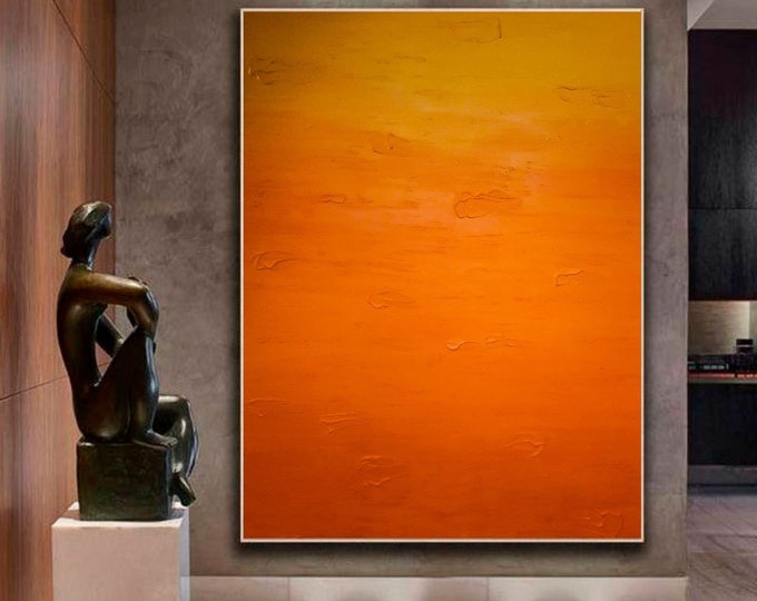 Large Orange Abstract Plaster Painting, Textured Modern Wall Art