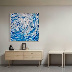 Large Abstract Water Painting: Blue White Spiral Canvas Art