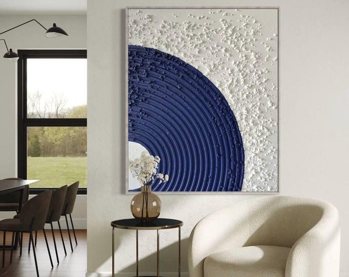 Textured Abstract Painting, Blue and White 3D Plaster Art