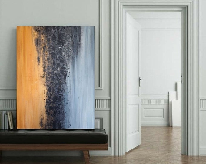 Oversized Abstract Canvas Painting Blue & Yellow Textured Wall Art