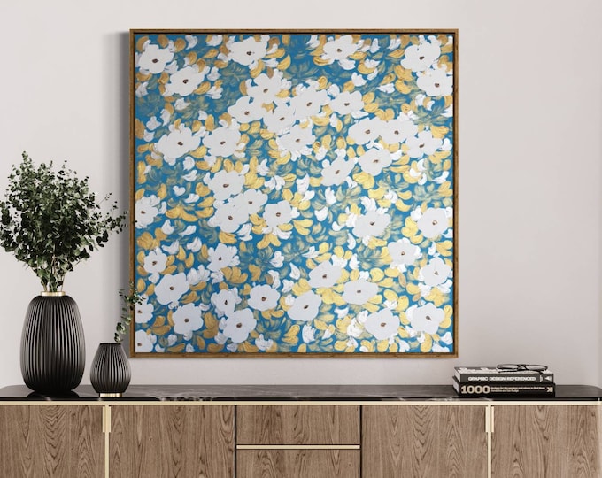Large Floral Painting: White Flowers, Gold & Silver Leaf Abstract Art