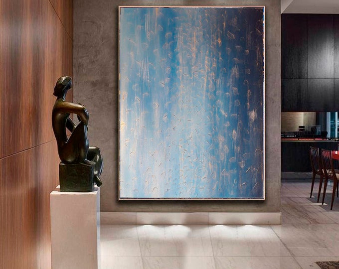 Oversized Abstract Canvas Painting: Blue Transition, Gold Accent, Textured Wall Art